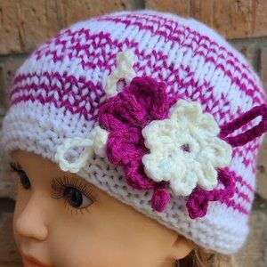 Baby Girl Knit Beanie Hat Handmade Purple White Flower Acrylic Size 9-18 Months